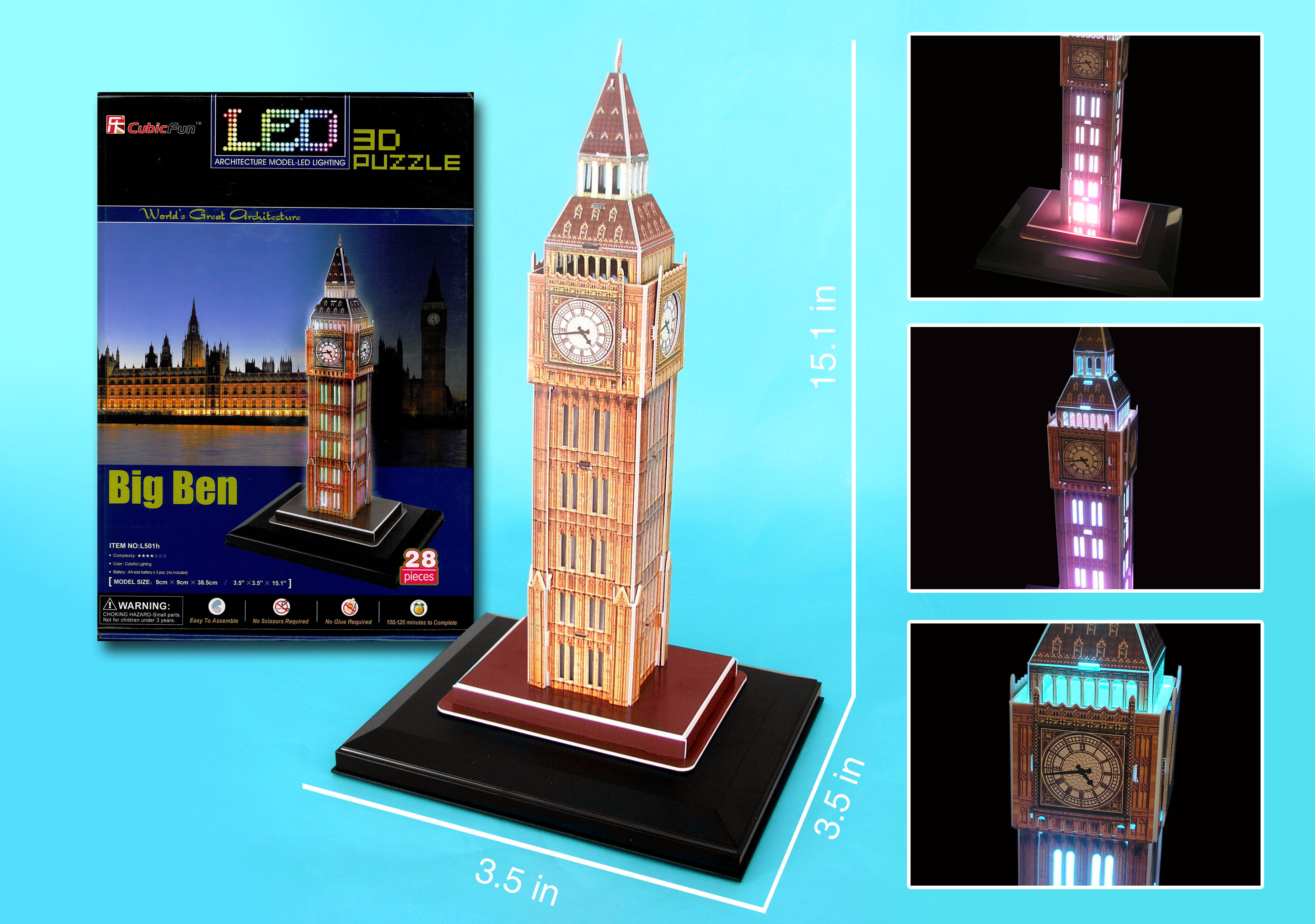 CFL501H - "big Ben 3d Puzzle With Base & Lights 28 Pieces "